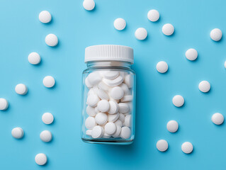 
White pills scattered around a clear medication bottle on a blue background for health and pharmaceutical concepts