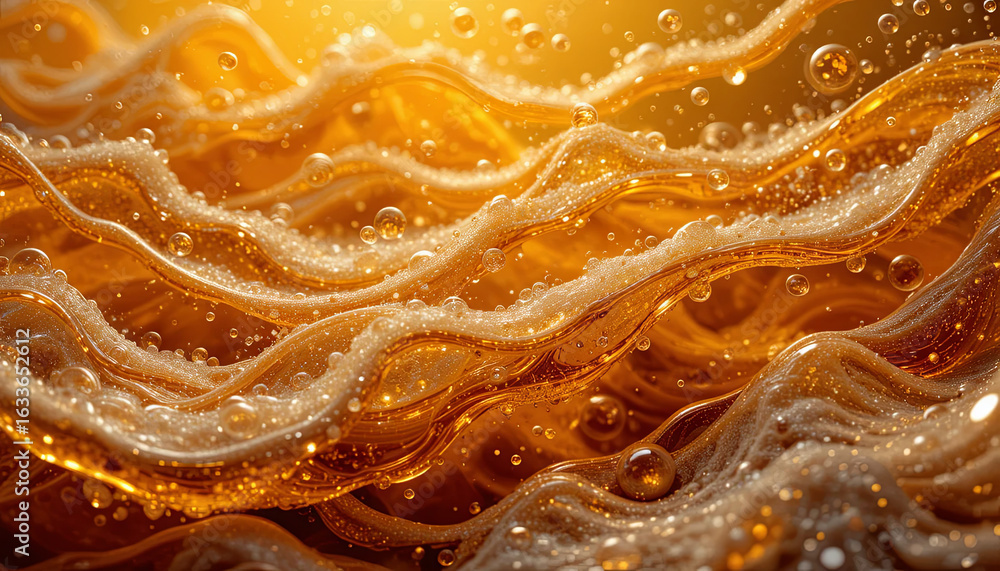 Poster golden waves undulate in a mesmerizing pattern, with numerous bubbles reflecting light. the warm glo