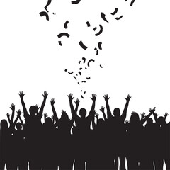 Silhouette of crowd with raised hands and confetti falling from above