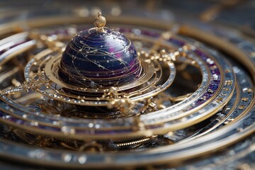 Highly detailed cosmic orrery showcases intricate celestial mechanics and artistry, capturing the beauty of planetary motion and astronomical design
