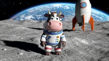 A cartoon cow in a white astronaut suit stands on the moon's surface with a rocket and Earth in the background, symbolizing exploration and adventure in a
