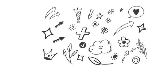 Hand drawn doodle elements arrows stars flowers crown exclamation mark speech bubble and leaves vector