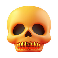 Fototapeta premium Glossy orange skull with golden teeth on black background