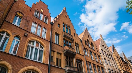 Fototapeta premium Row of terracotta-colored historic buildings with pointed gables,?windows, and?a clear blue sky