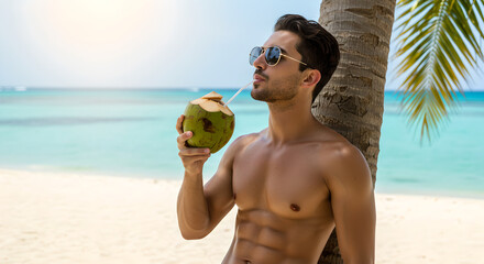 Handsome man drinking fresh coconut water on a tropical beach