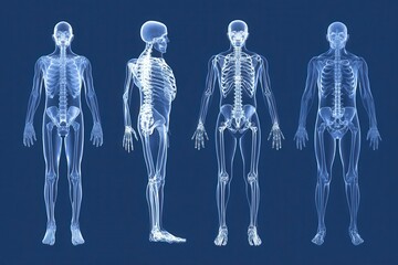 Detailed X-ray representation of a human skeleton highlighting face, hands, and legs for educational purposes in a medical setting