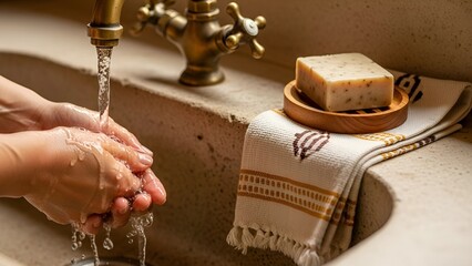 A person washes hands with natural handmade soap under running water in a rustic sink, promoting cleanliness and preventing the spread of germs.