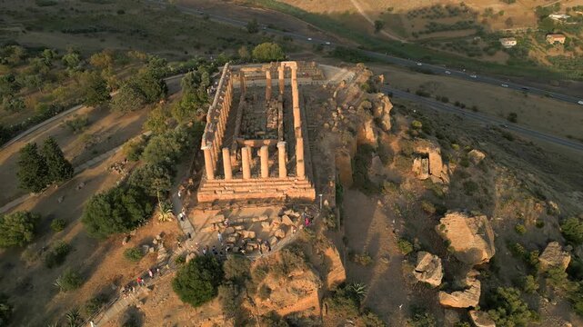 4K Aerial of the Valle Dei Templi at sunset, in Agrigento, Sicily in July 2025