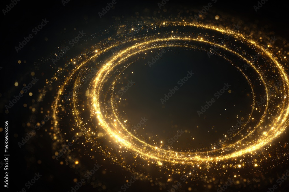 Poster golden glitter light circle spiral design creates a mesmerizing visual effect with shimmering partic