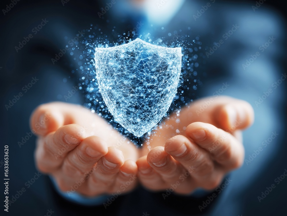 Poster two hands extend forward, presenting a glowing digital shield symbol. the background is blurred, emp