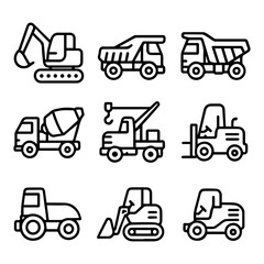 Fototapeta premium Collection of Black Line Art Construction Vehicles.