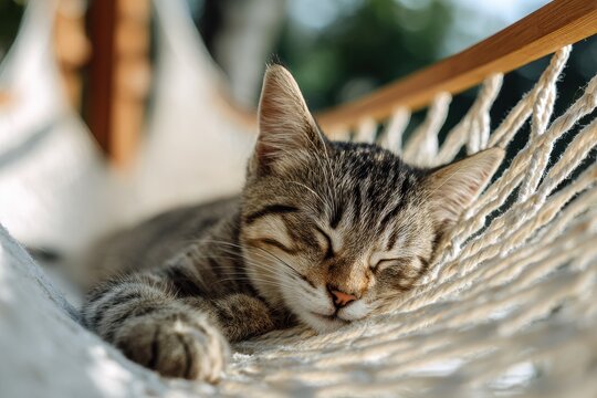 Tabby cat enjoys a tranquil nap in a hammock on a sunny day surrounded by greenery - Powered by Adobe