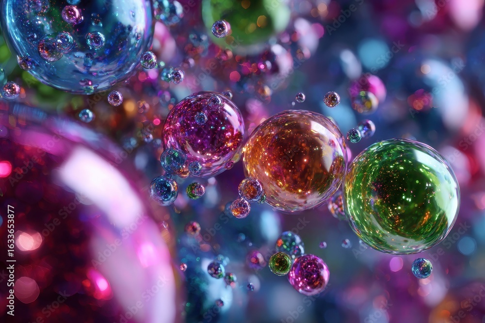 Poster vibrant abstract art display showcasing colorful spheres floating against a blurred background in a 