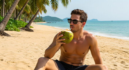 Handsome man drinking fresh coconut water on a tropical beach