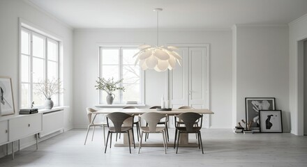 Sunlit Scandinavian Dining Room with a Sculptural Floral Pendant and Natural Wood Accents.
