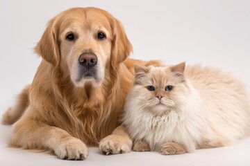 Fototapeta premium Dog and cat lounging peacefully together indoors, showcasing a unique friendship and calm companionship in a cozy environment