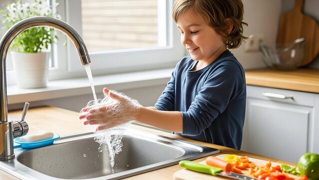 A child washes hands with soap and water in a kitchen before cooking, practicing good hygiene to stay clean and prevent germs from contaminating food.