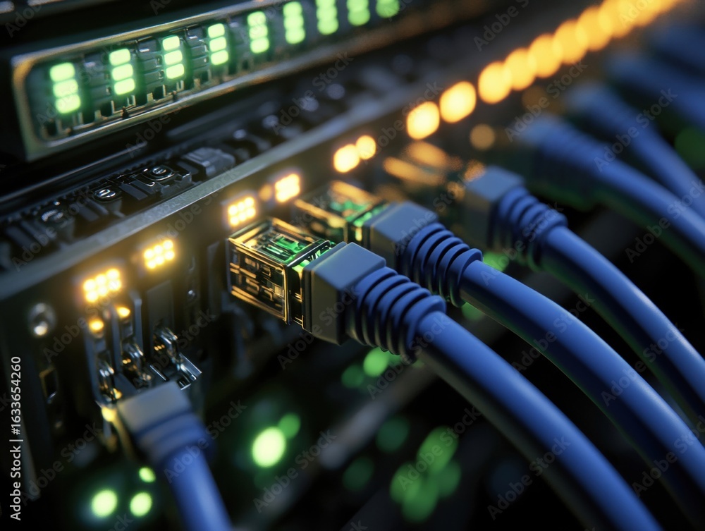 Poster network connection panel showcasing ethernet cables during data transfer