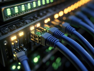 Network connection panel showcasing ethernet cables during data transfer