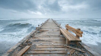 Fototapeta premium Coastal Damage After a Severe Storm or Hurricane with a Broken Boardwalk
