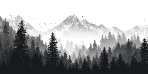 Black and white mountain range with dense forest