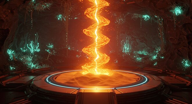 Sci-Fi Cave Portal: Glowing Energy Stream on Platform with Bioluminescent Flora