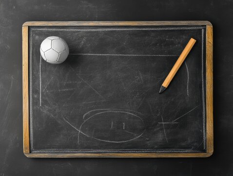 Chalkboard with a soccer ball and pencil illustrating a sports game plan
