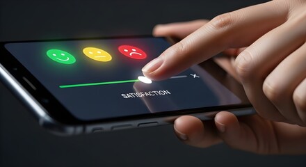 A person's finger is sliding a satisfaction meter on a smartphone screen, with emoticons representing happiness, neutrality, and sadness.