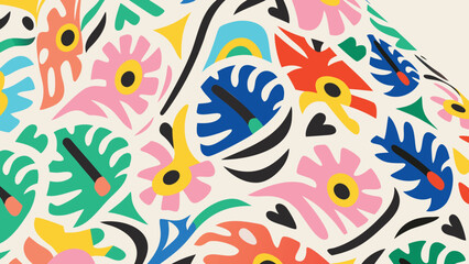 Obraz premium A vibrant and colorful floral pattern with abstract shapes and bold colors on a light background surface