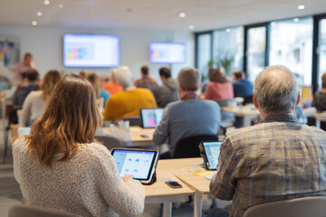Morning in a coworking classroom with tablets and presentation screens Participants are testing a new productivity app The mood is curious and practical
