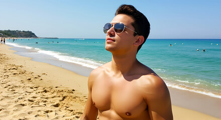 Handsome man sunbathing on a white sand beach during summer holiday