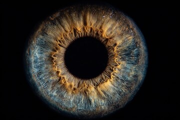 Close up of a vibrant human iris illuminated against a black background showing intricate patterns and colors