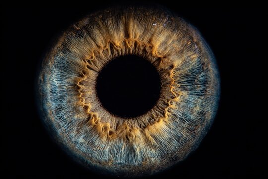 Close up of a vibrant human iris illuminated against a black background showing intricate patterns and colors