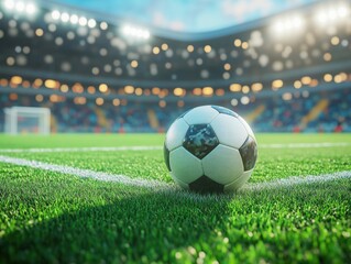 Soccer ball resting on the field ready for the match in a stadium