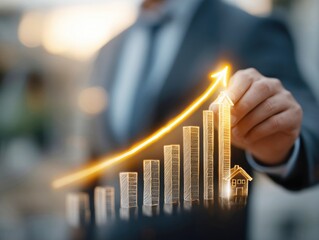 Business professional illustrating growth with a chart and a house