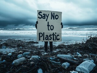 Activist holds sign against plastic pollution at stormy beach location