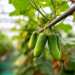 Fresh cucumbers growing in a greenhouse, hanging from the vine, a natural food source. The focus is on the fresh, green cucumbers, surrounded by leaves and vines