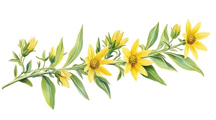 Delicate watercolor branch with yellow wildflowers and green leaves