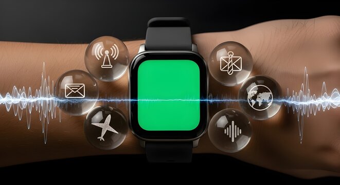 Smartwatch with green screen displaying network connectivity. - Powered by Adobe