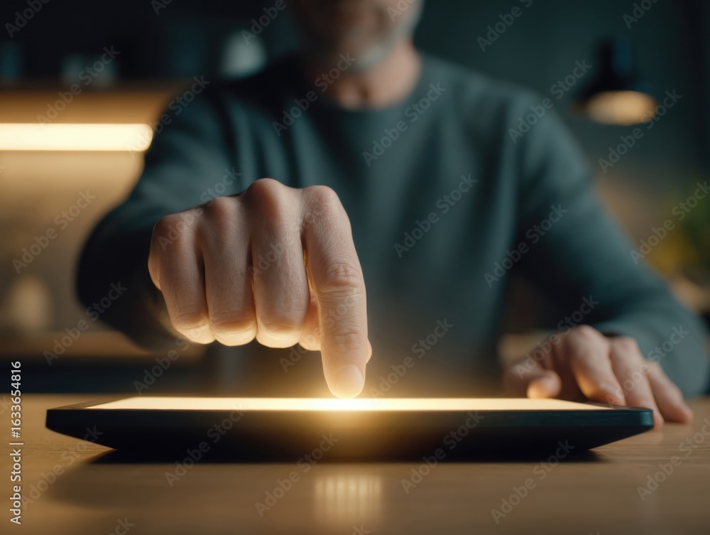 Poster man interacting with glowing tablet screen in a dimly lit modern workspace