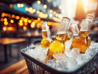 Chilled beers in a basket surrounded by evening lights at an outdoor venue