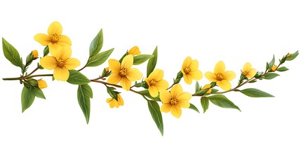 Delicate yellow flowers on a branch with green leaves