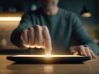 Man interacting with glowing tablet screen in a dimly lit modern workspace