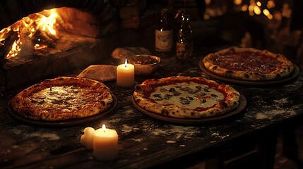 Cozy evening with multiple pizzas and candles by a fire