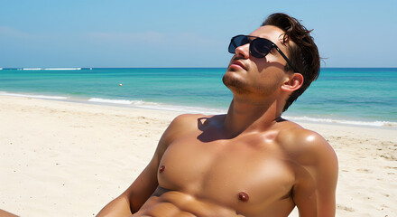 Handsome man sunbathing on a white sand beach during summer holiday
