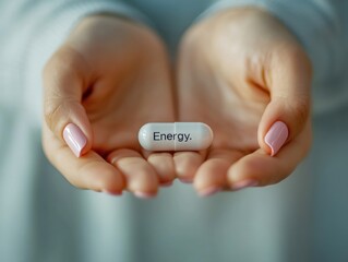 Enhancing vitality with a capsule labeled energy while holding it gently