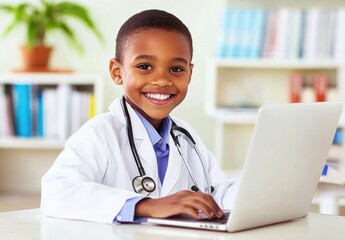 Young aspiring doctor smiling while working on a laptop in a bright setting