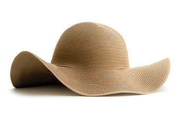 A stylish light brown woven sun hat with a wide, floppy brim, isolated on a clean white background.