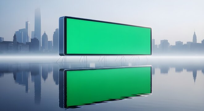 A futuristic green screen billboard floats above a reflective surface with a blurred city skyline in the background, ready for custom content.
