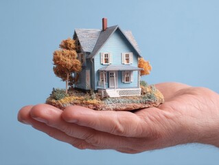 Small model house held in hand against a blue background